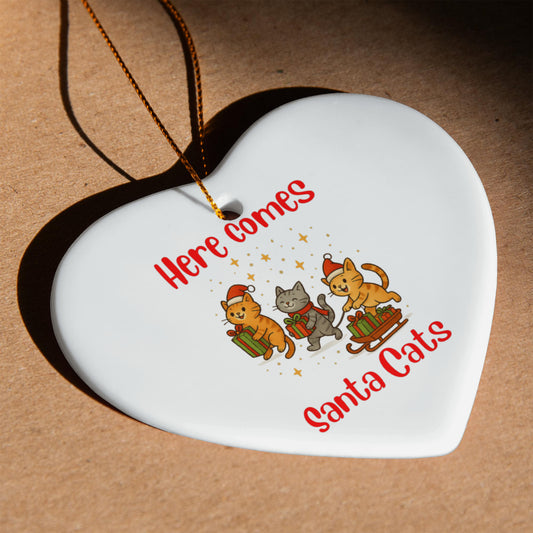 Here Comes Santa Cats Ceramic Heart Ornament With Gold Cord