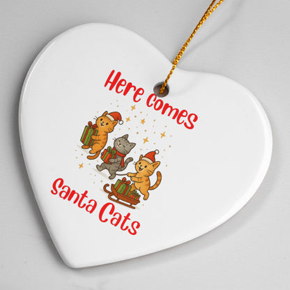 Here Comes Santa Cats Ceramic Heart Ornament With Gold Cord