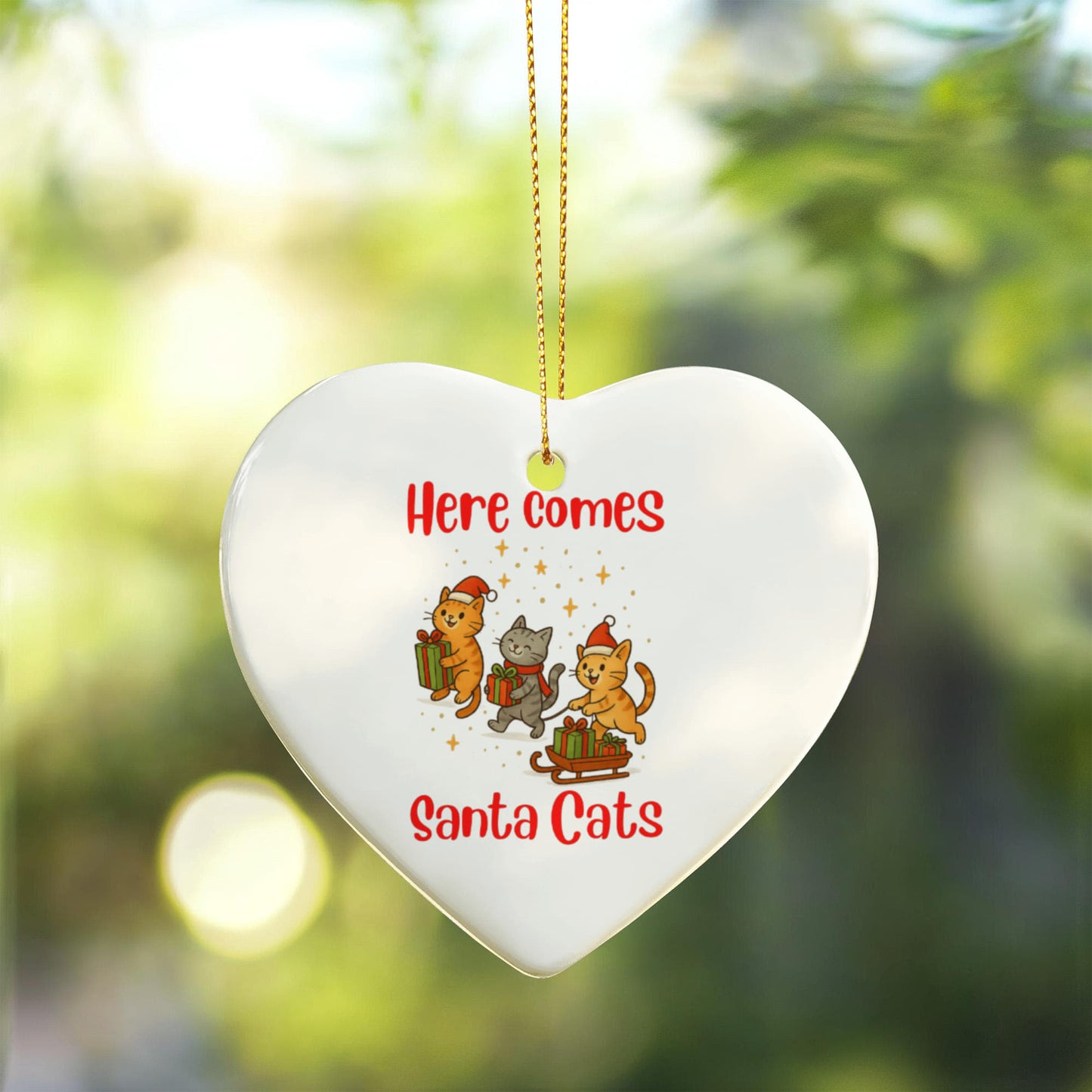 Here Comes Santa Cats Ceramic Heart Ornament With Gold Cord