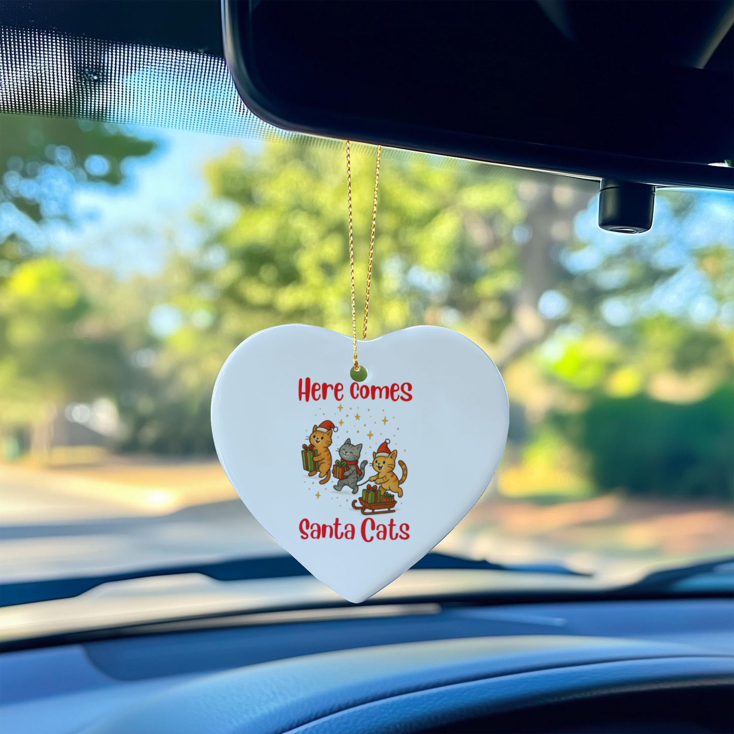 Here Comes Santa Cats Ceramic Heart Ornament With Gold Cord