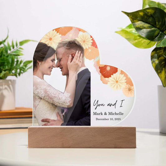 Special Love Acrylic Heart Plaque personalized with couple photo and names, floral design on wooden base gift for anniversaries and weddings