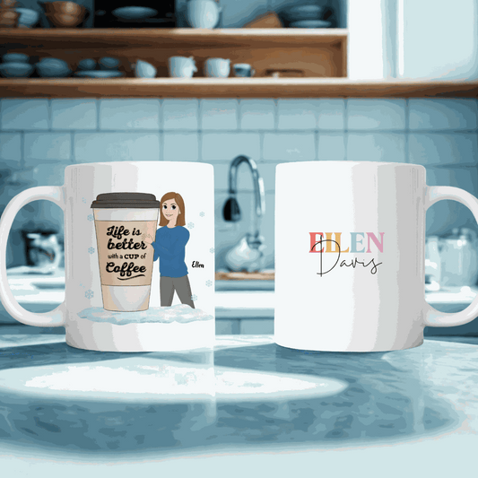 Custom designed "Life Is Better with Coffee" ceramic mug with personalized avatar and name, microwave and dishwasher safe coffee cup.