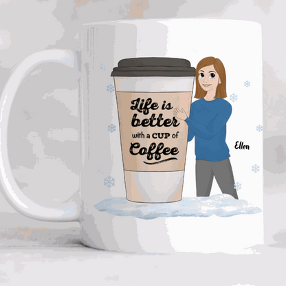 Custom Life Is Better with Coffee Mug with personalized avatar and name, ceramic, microwave and dishwasher safe, ergonomic handle design