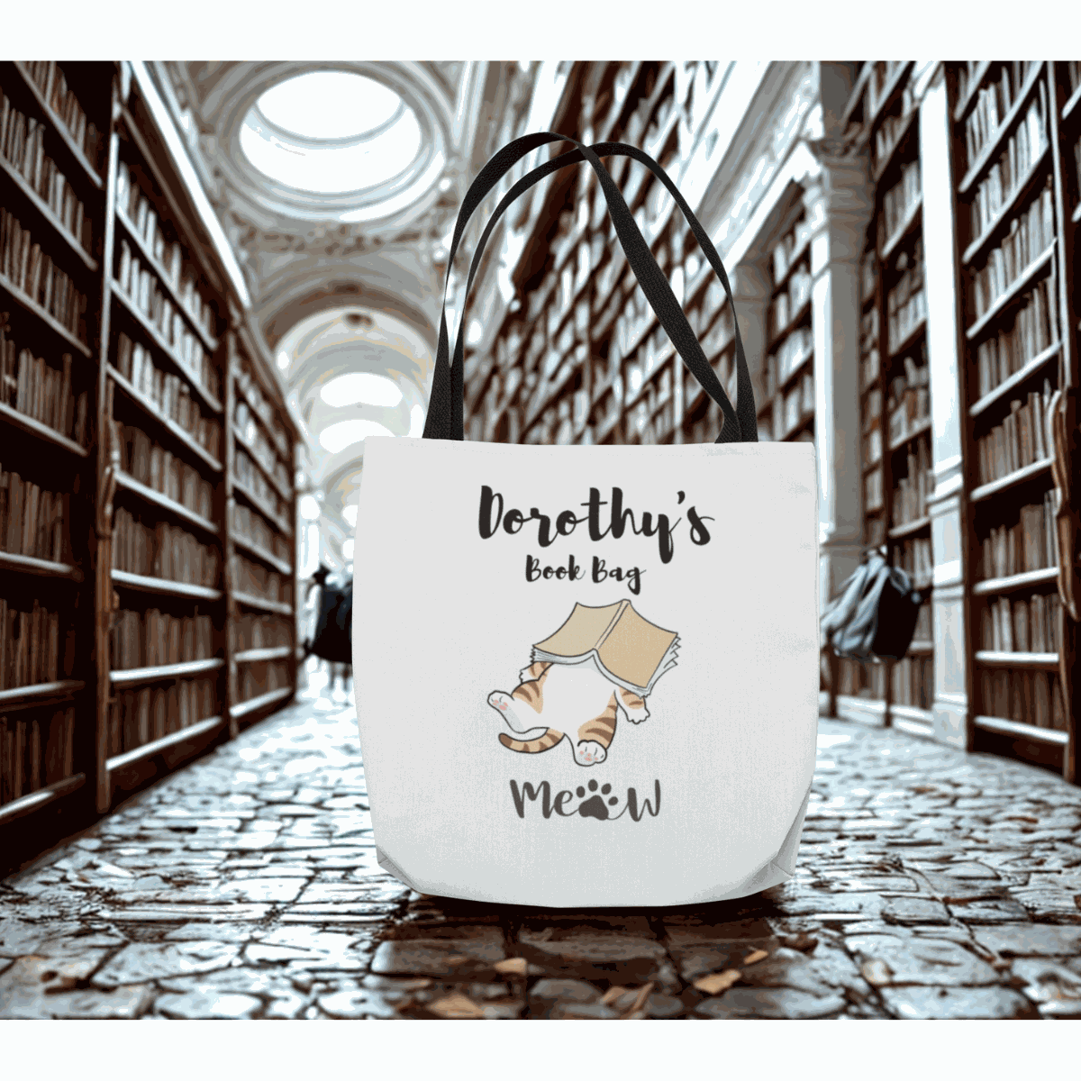Customizable Cat's Meow Classic Tote Bag with cat and book design in library setting