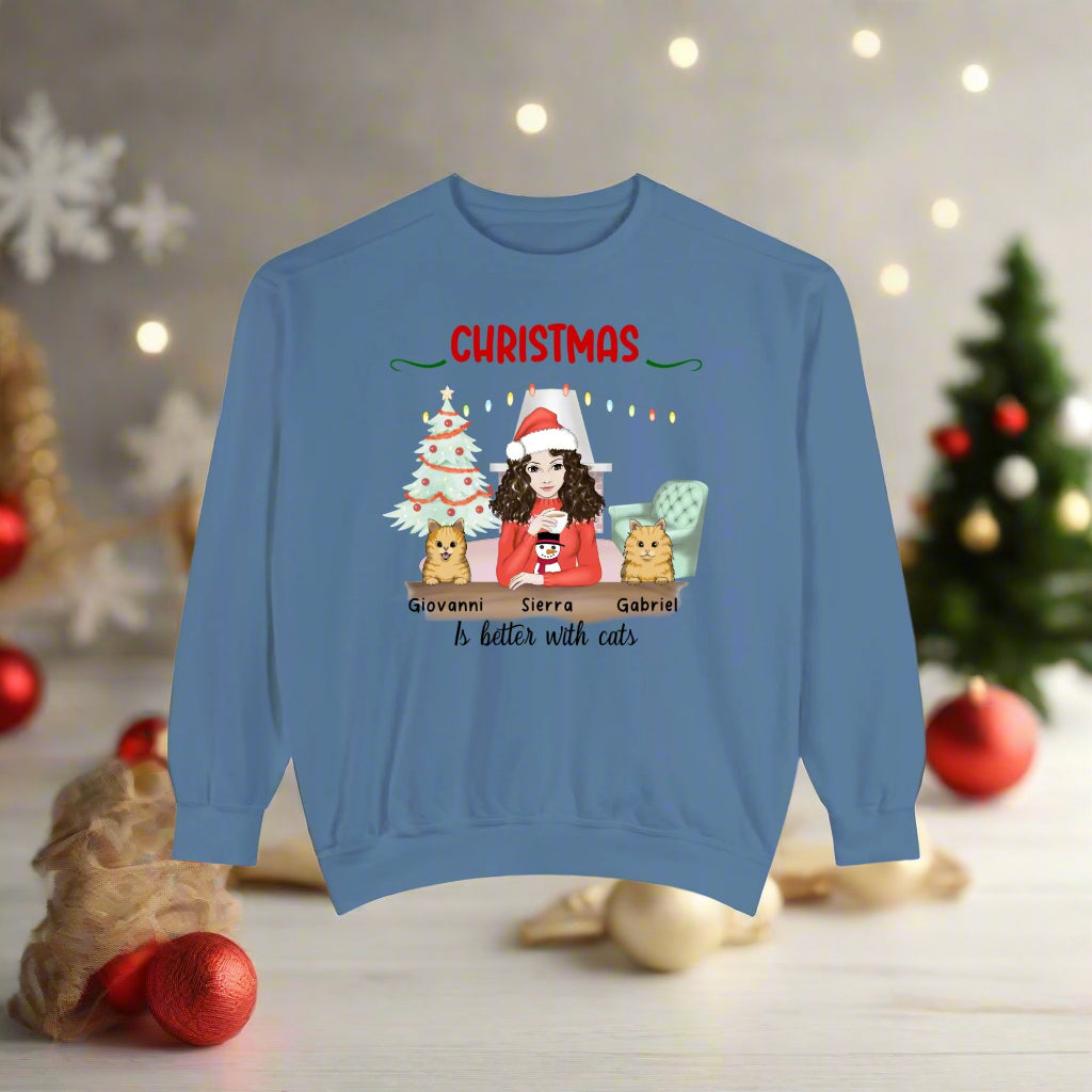 Christmas Is Better with Cats Sweatshirt Customizable for Cat Lovers by printify