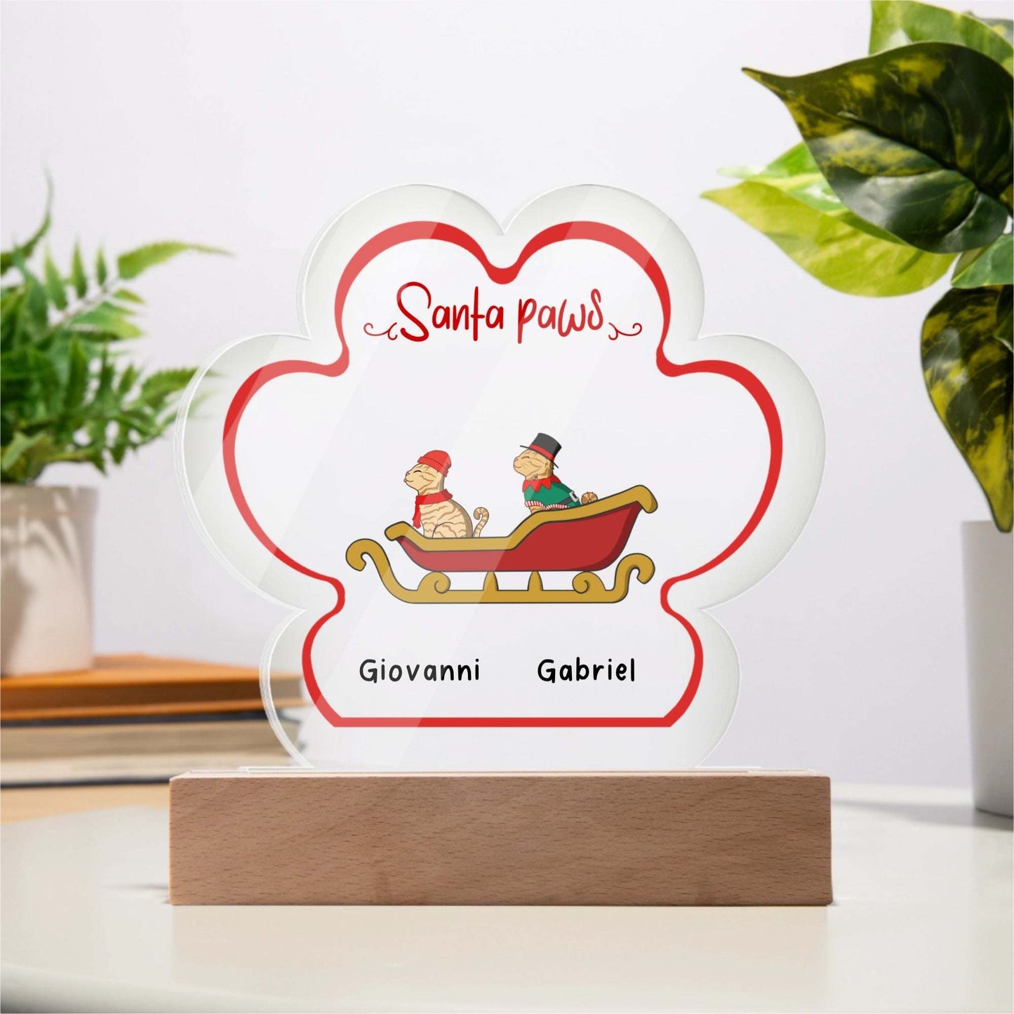 Acrylic Paw Print Christmas Plaque with Santa Paws design on wooden LED base