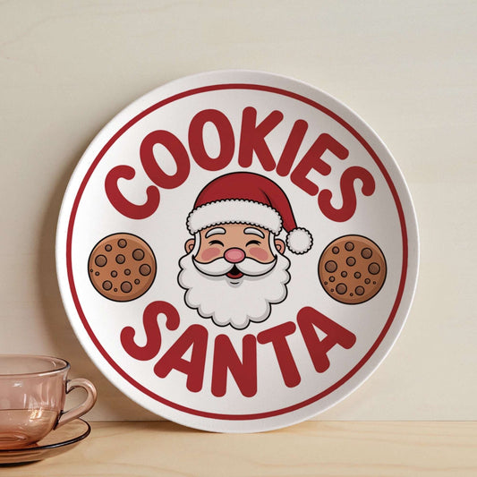 Round white Cookies for Santa Plate with Santa face and cookie illustrations for holiday celebrations