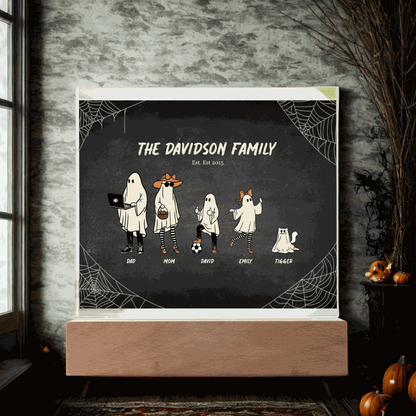 Personalized spooky Halloween family acrylic plaque with custom ghost characters and LED base