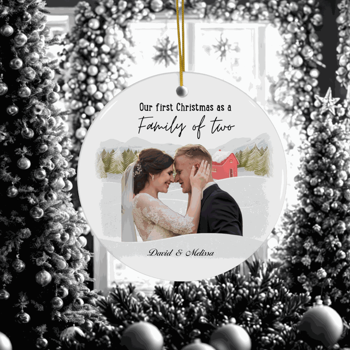 Personalized First Christmas Family Ornament with couple photo and custom names hanging on decorated Christmas tree.