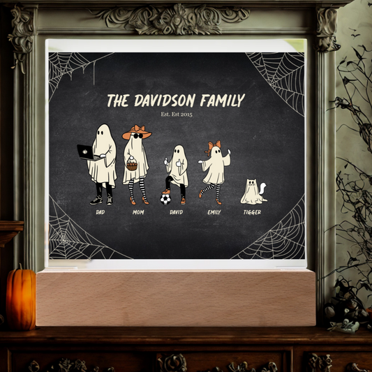 Spooky Halloween Family personalized acrylic plaque with LED base featuring custom ghost characters and family names.
