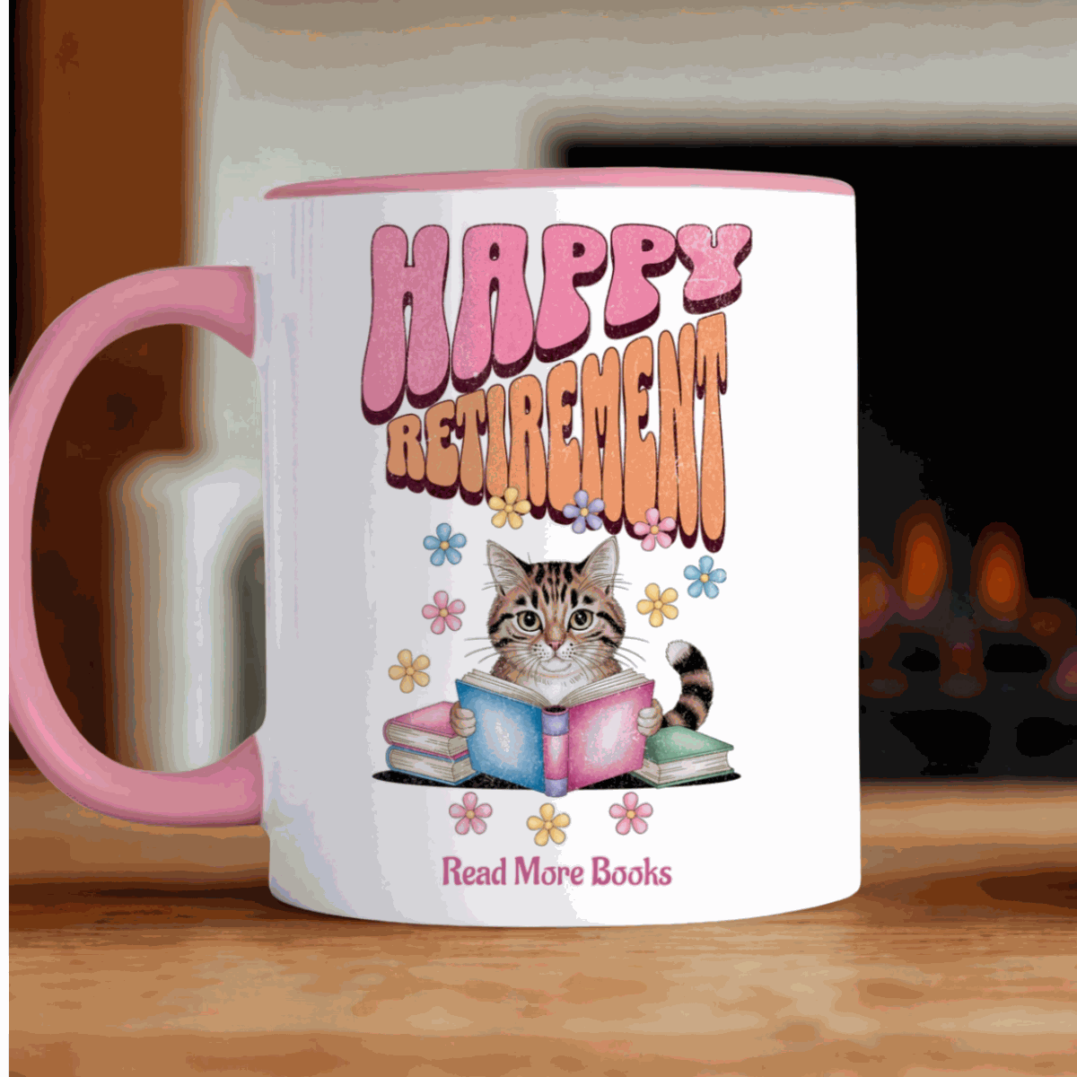 Happy Retirement Mug with pink handle featuring a cat reading books and "Happy Retirement" text with personalized name option