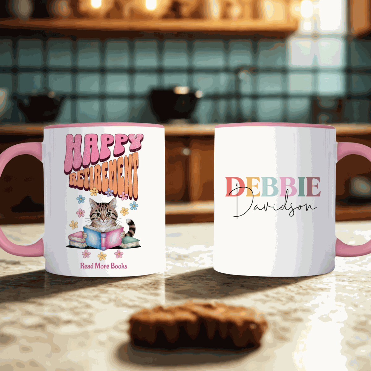 Happy Retirement Mug with personalized name and cat reading books design, pink handle, ceramic, 11 oz, microwave and dishwasher safe.