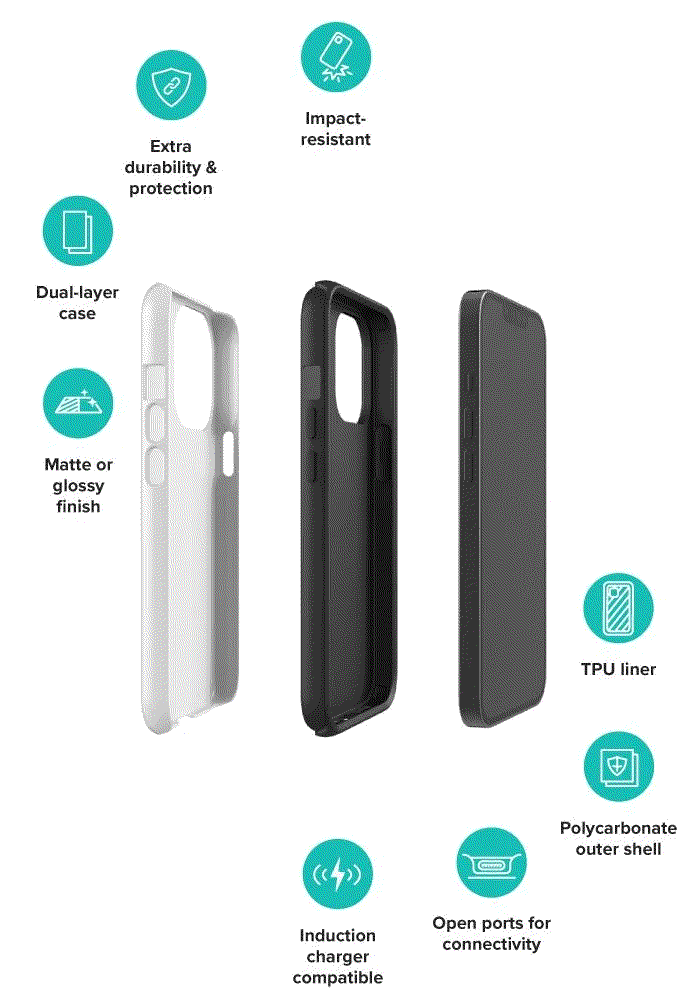 Tough Case for iPhone® 17 Series with dual-layer protection, impact-resistant polycarbonate shell, TPU inner liner, matte or glossy finish, and precise port openings.