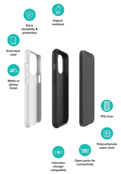 Tough Case for iPhone® 17 Series with dual-layer protection, impact-resistant polycarbonate shell, TPU inner liner, matte or glossy finish, and precise port openings.
