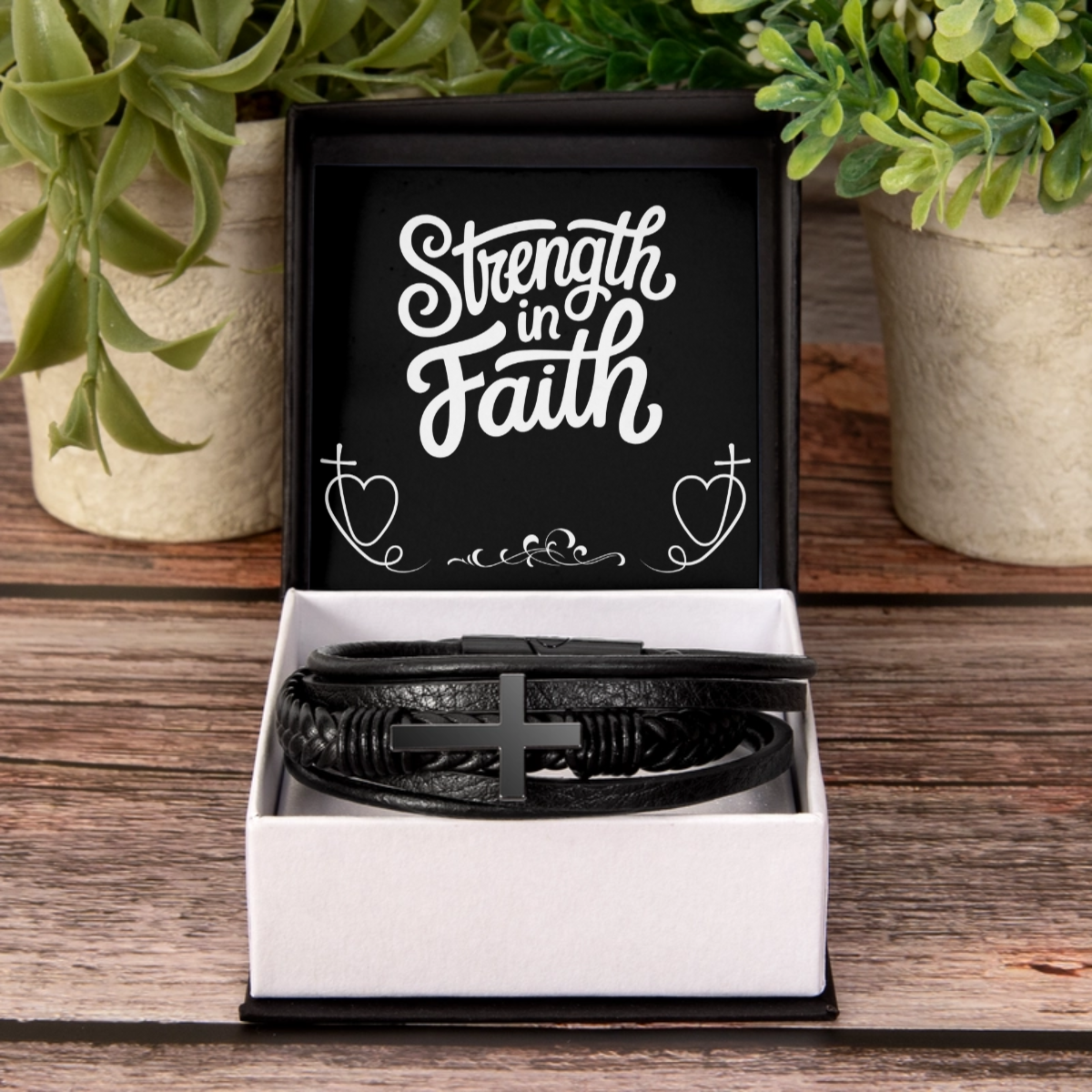 Men’s Cross Vegan Leather bracelet with stainless steel cross in black gift box reading Strength in Faith