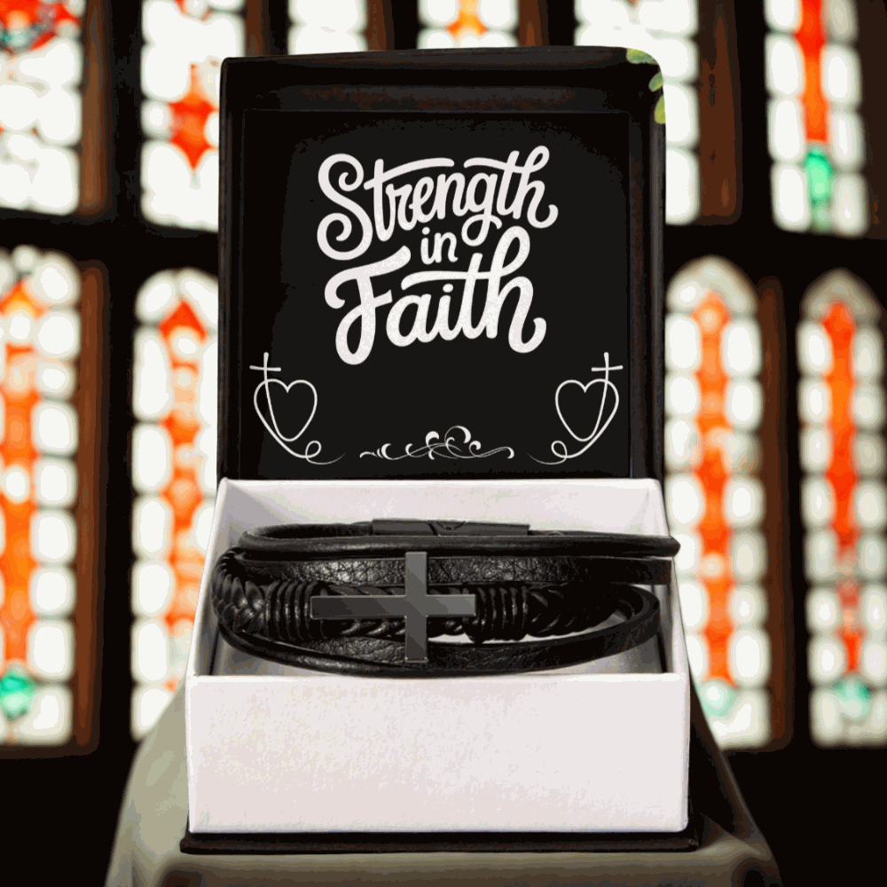 Men’s Cross Vegan Leather Bracelet with stainless steel cross and braided vegan leather in black gift box with Strength in Faith message