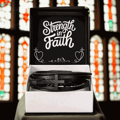 Men’s Cross Vegan Leather Bracelet with stainless steel cross and braided vegan leather in black gift box with Strength in Faith message