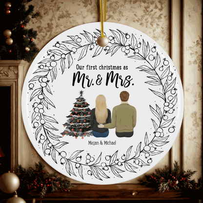 Customizable "Our First Christmas as Mr and Mrs" round ornament with couple illustration and festive wreath design