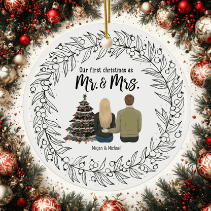 Our First Christmas as Mr and Mrs custom round Christmas ornament with couple illustration, personalized names, and festive wreath design