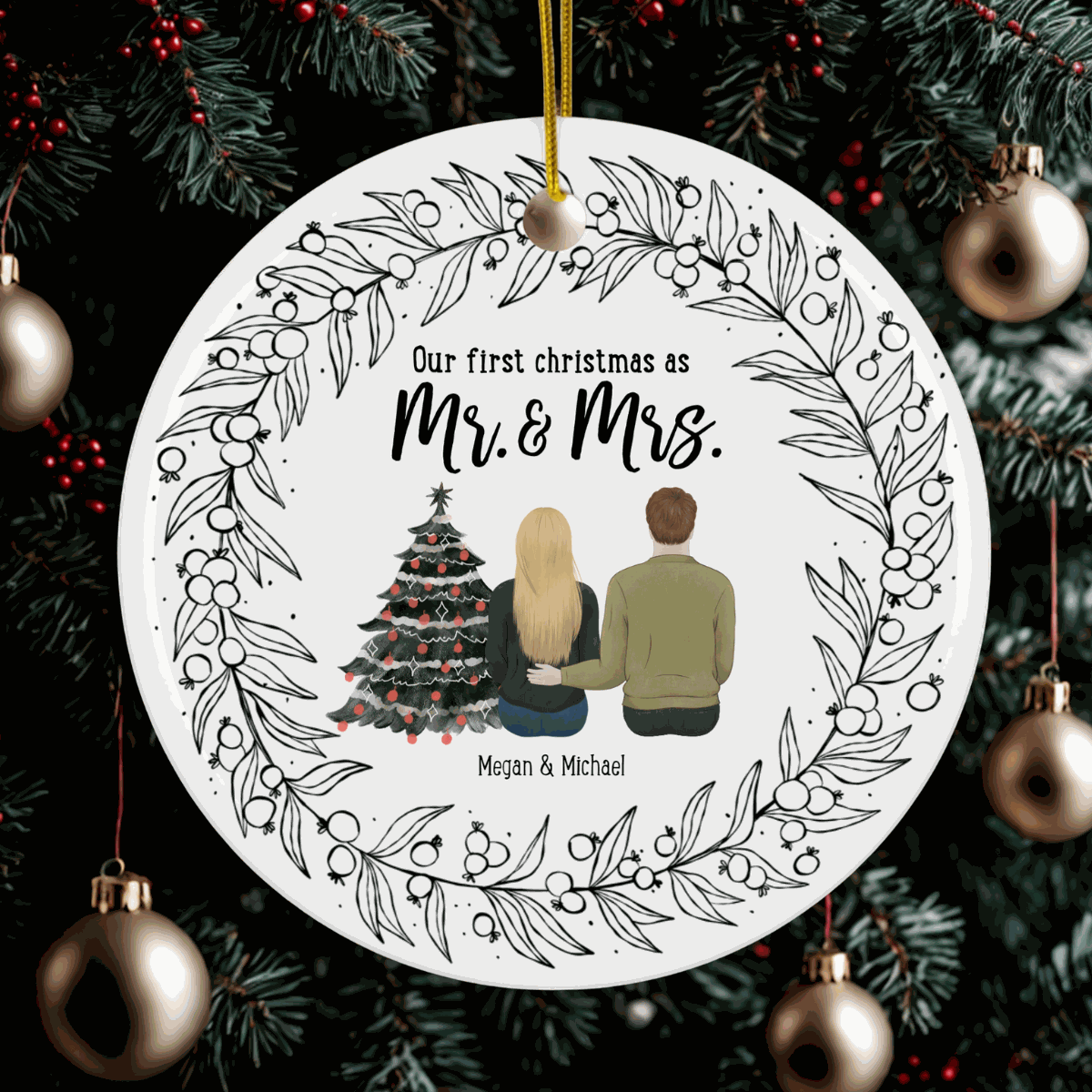 Customizable round Christmas ornament with "Our first christmas as Mr. & Mrs." text, couple illustration, and decorative wreath design hanging on a festive tree.