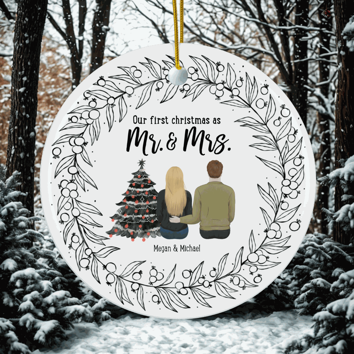 Our First Christmas as Mr and Mrs custom ornament with couple illustration, Christmas tree, and personalized names surrounded by decorative wreath design