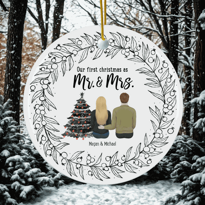 Our First Christmas as Mr and Mrs custom ornament with couple illustration, Christmas tree, and personalized names surrounded by decorative wreath design