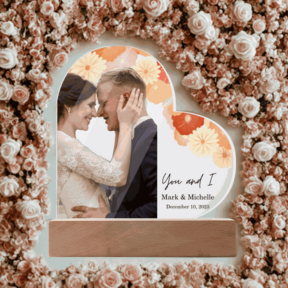 Special Love Acrylic Heart Plaque personalized with couple photo and floral design on wooden stand surrounded by roses
