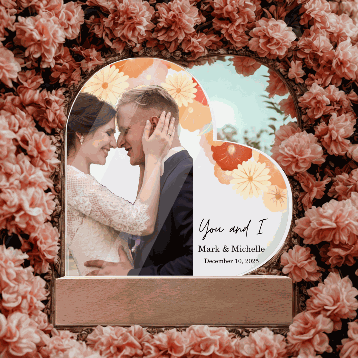 Special Love Acrylic Heart Plaque personalized wedding photo gift with floral design and names on wooden stand surrounded by pink flowers