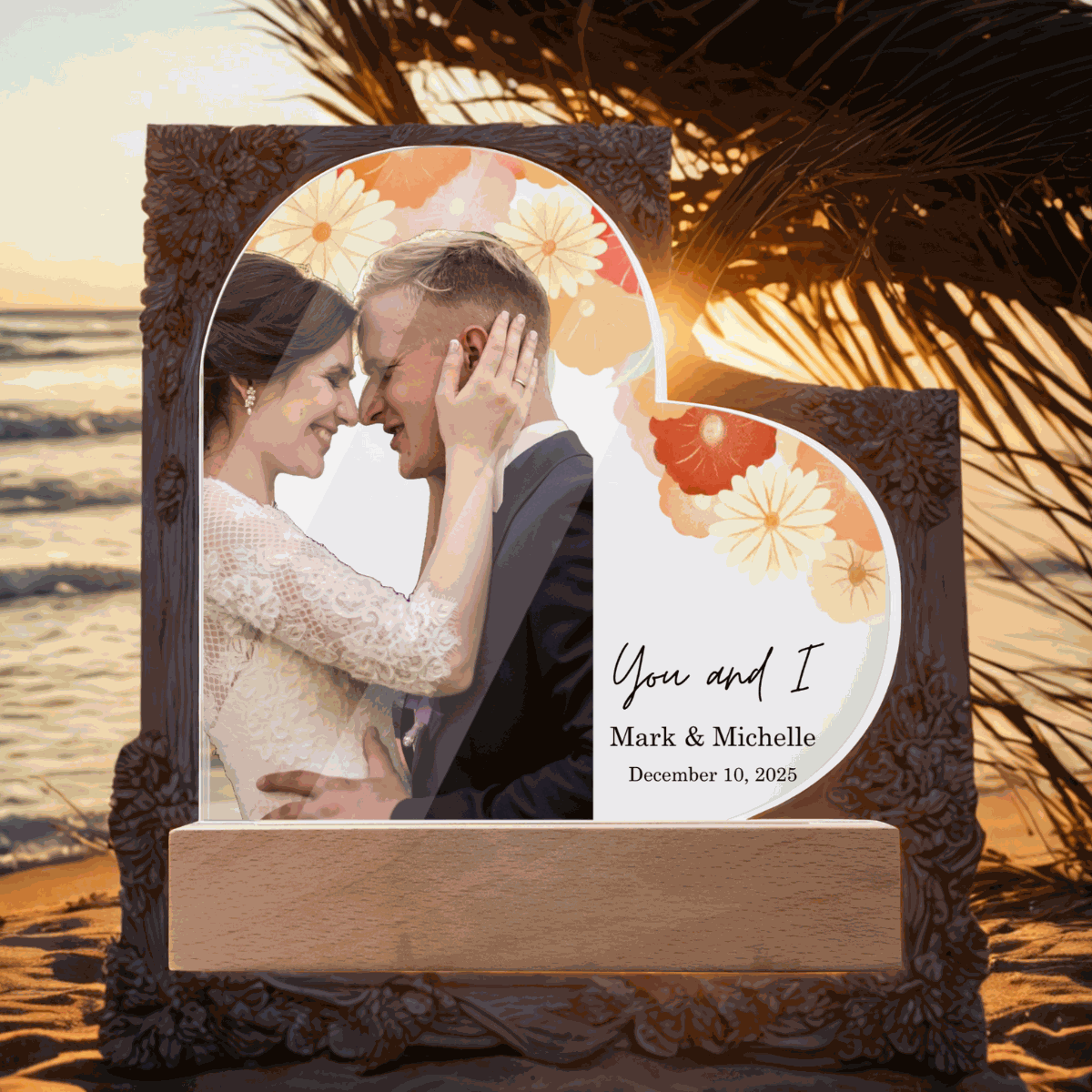 Special Love Acrylic Heart Plaque with a romantic couple photo and customizable names and date, ideal for weddings and anniversaries.
